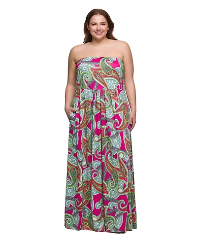 24seven Comfort Apparel Plus A-Line Strapless Maxi Dress with Pockets