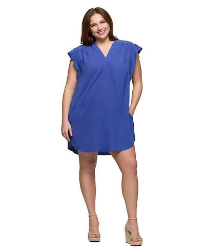 24seven Comfort Apparel Plus V-Neck Cap Sleeve Knee Length Pocket Dress