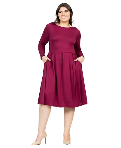 24seven Comfort Apparel Plus Long Sleeve Fit and Flare Midi Dress