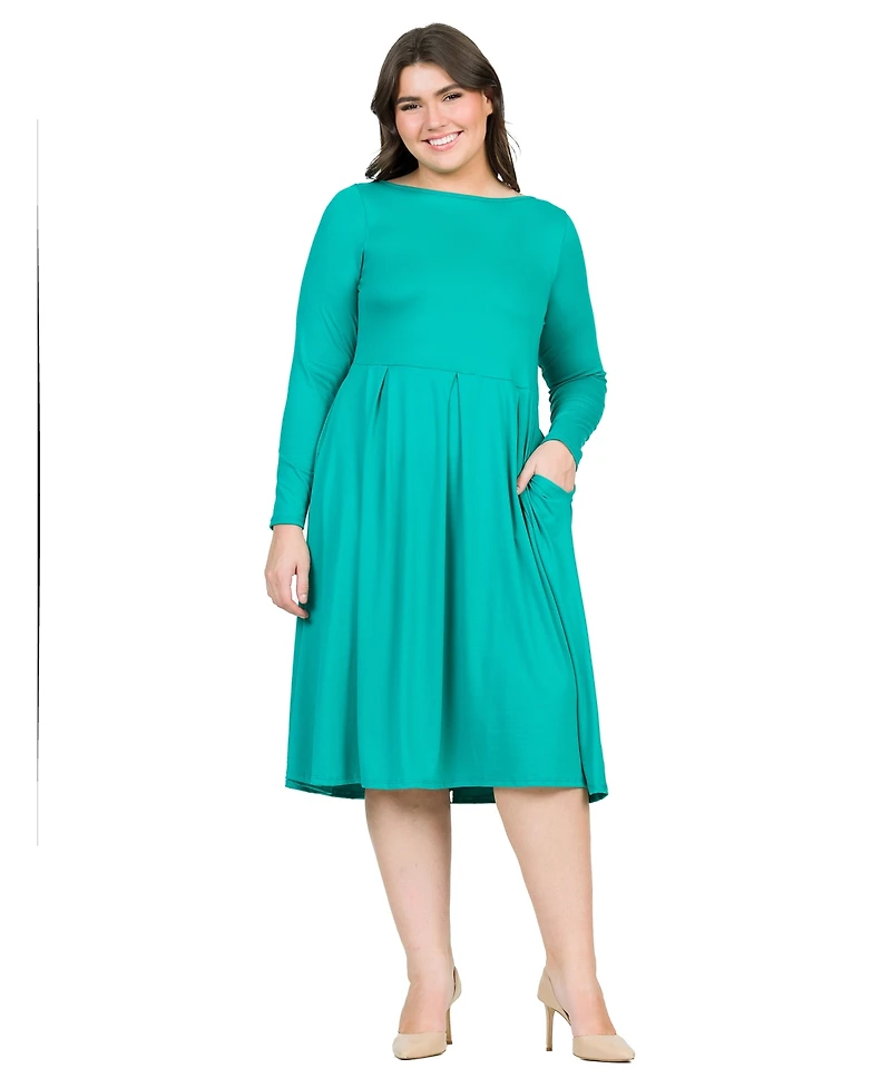 24seven Comfort Apparel Plus Long Sleeve Fit and Flare Midi Dress