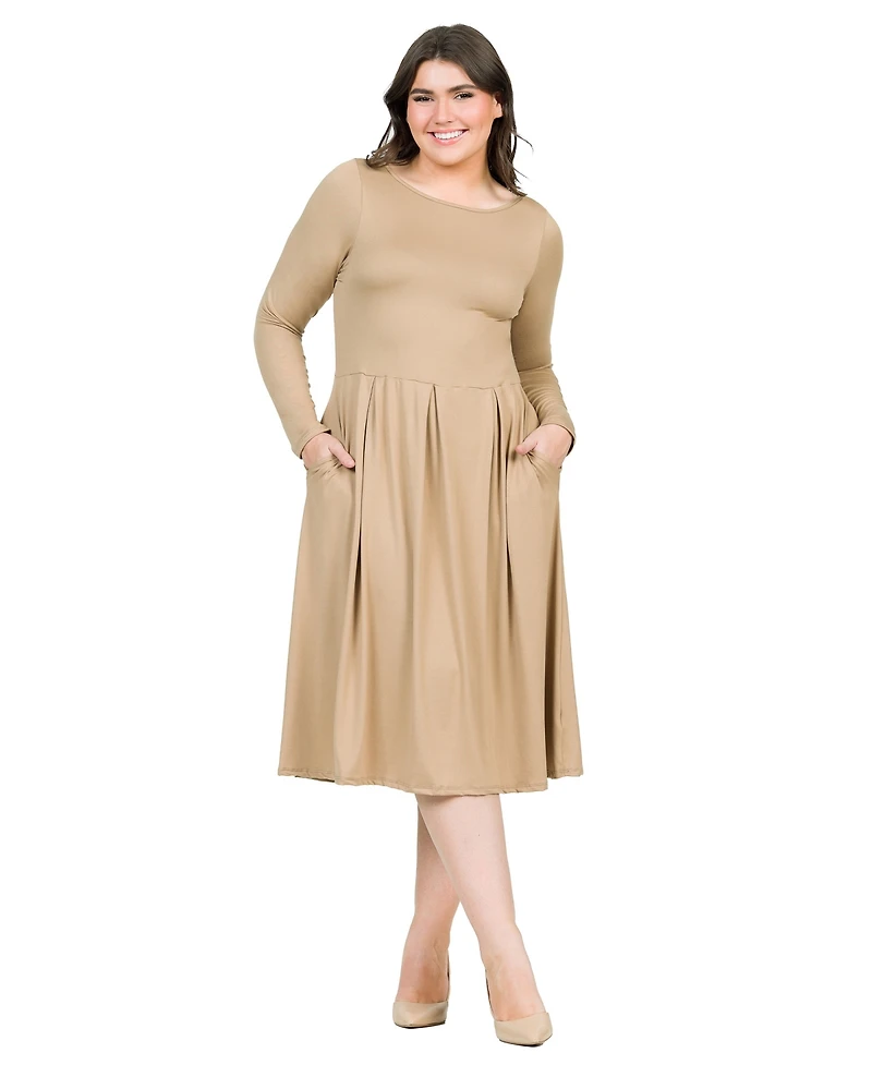 24seven Comfort Apparel Plus Long Sleeve Fit and Flare Midi Dress