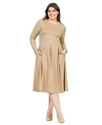 24seven Comfort Apparel Plus Long Sleeve Fit and Flare Midi Dress