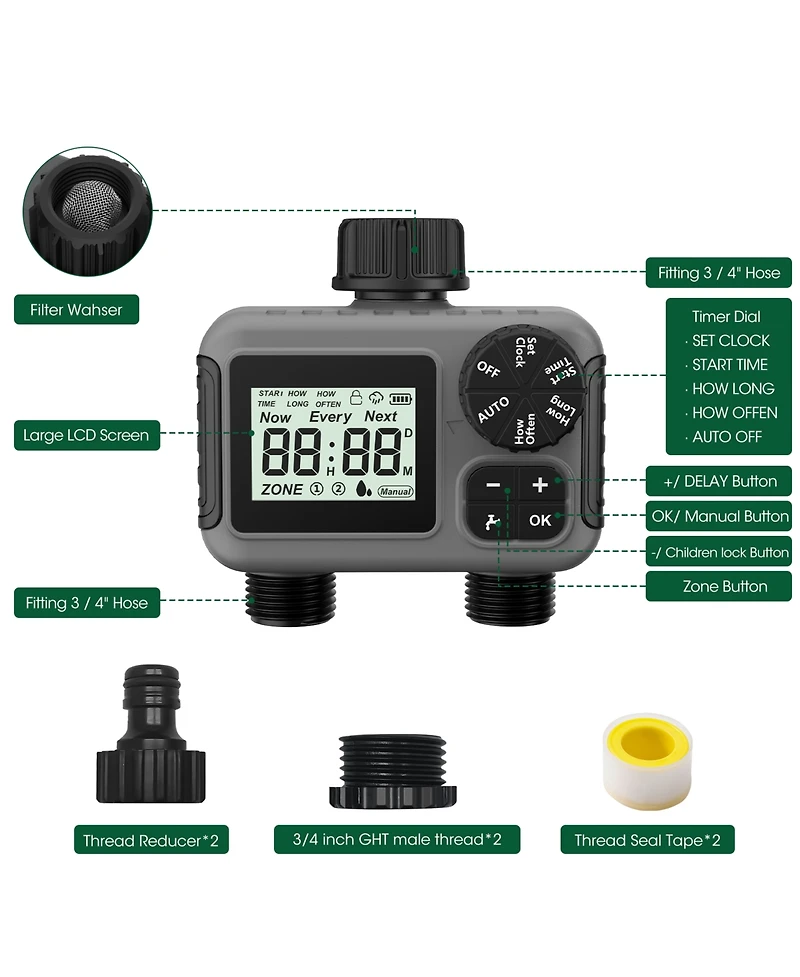2 Zone Digital Water Timer Sprinkler Timer Outdoor for Lawn Garden Rain Delay Manual Automatic Watering