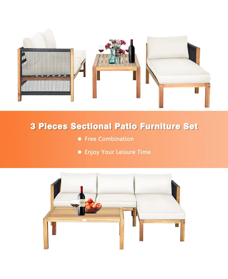 Gymax 3PCS Patio Acacia Wood Sofa Furniture Set Thick Cushion W/ Nylon Rope Armrest