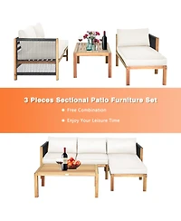 Gymax 3PCS Patio Acacia Wood Sofa Furniture Set Thick Cushion W/ Nylon Rope Armrest