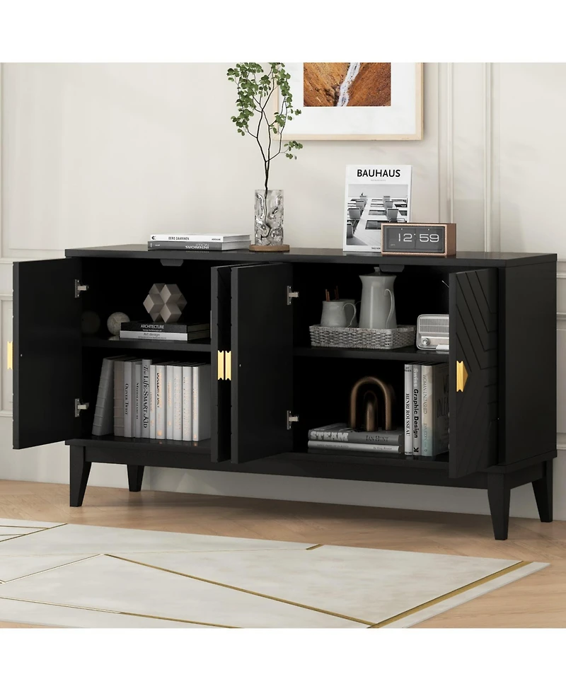 Streamdale 4-Door Black Sideboard Cabinet with Gold Handles and Adjustable Shelf