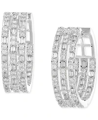 Diamond Round & Baguette Triple Row Small Huggie Hoop Earrings (1/2 ct. t.w.) in 14k White Gold