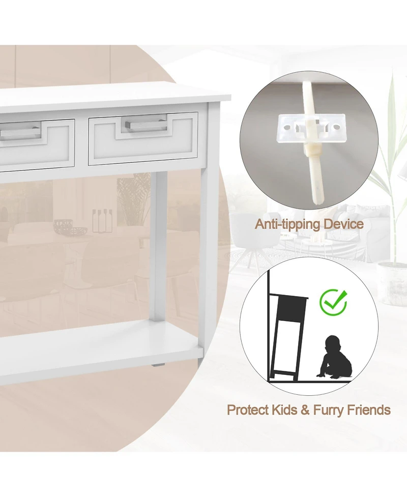 Narrow Console Table with Drawers and Open Storage Shelf