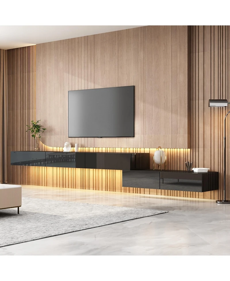 Wall-mounted Tv stand with five drawers, media console with two cabinets, entertainment center in black wood