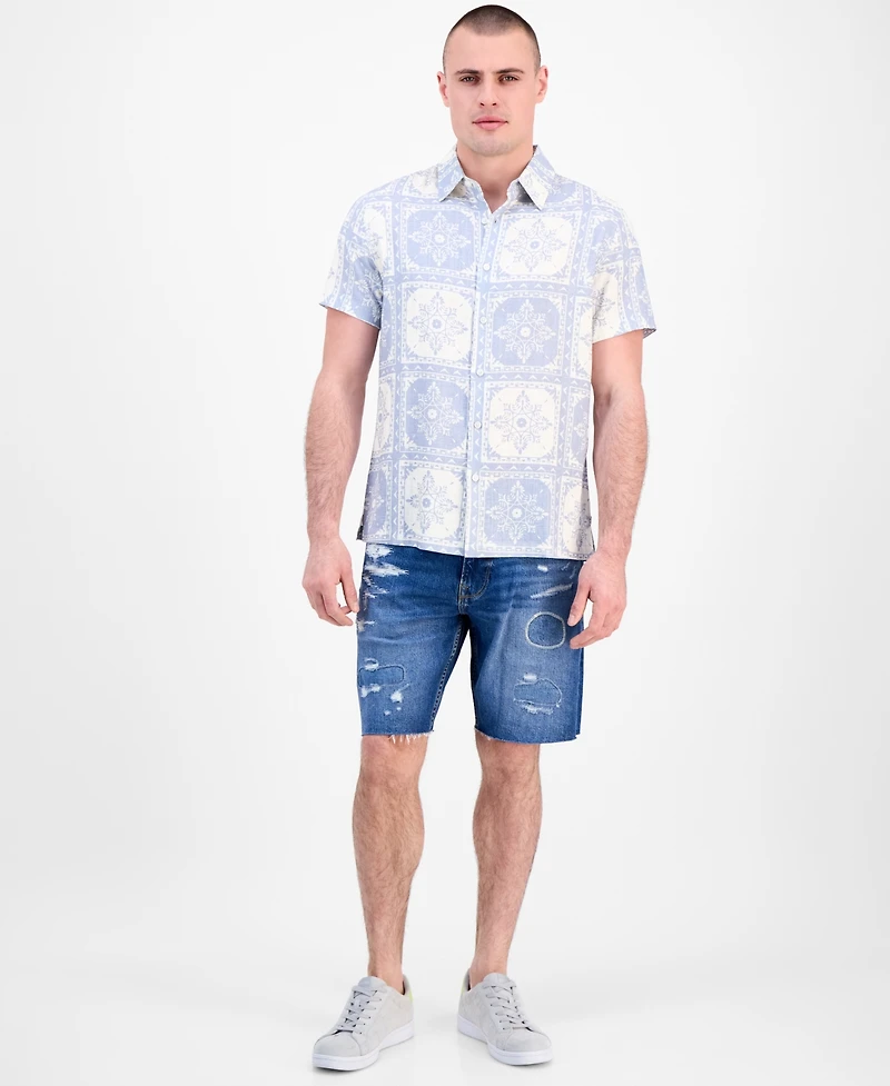 Guess Men's Mosley Short Sleeve Tile Print Button-Front Shirt