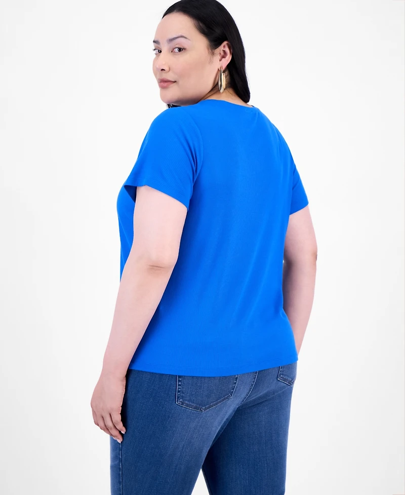 I.n.c. International Concepts Plus V-Neck Ribbed Knit Top, Exclusively at Macy's