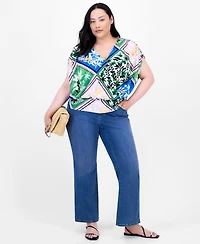 INC Plus Printed Ruched Surplice-Neck Top, Exclusively at Macy's
