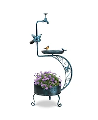 Vintage Metal Garden Bird Bath with Solar Lamp and Flower Planter Pedestal Standing Feeder