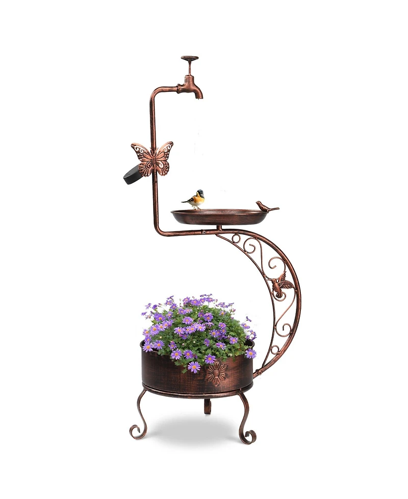 Vintage Metal Garden Bird Bath with Solar Lamp and Flower Planter Pedestal Standing Bird Feeder
