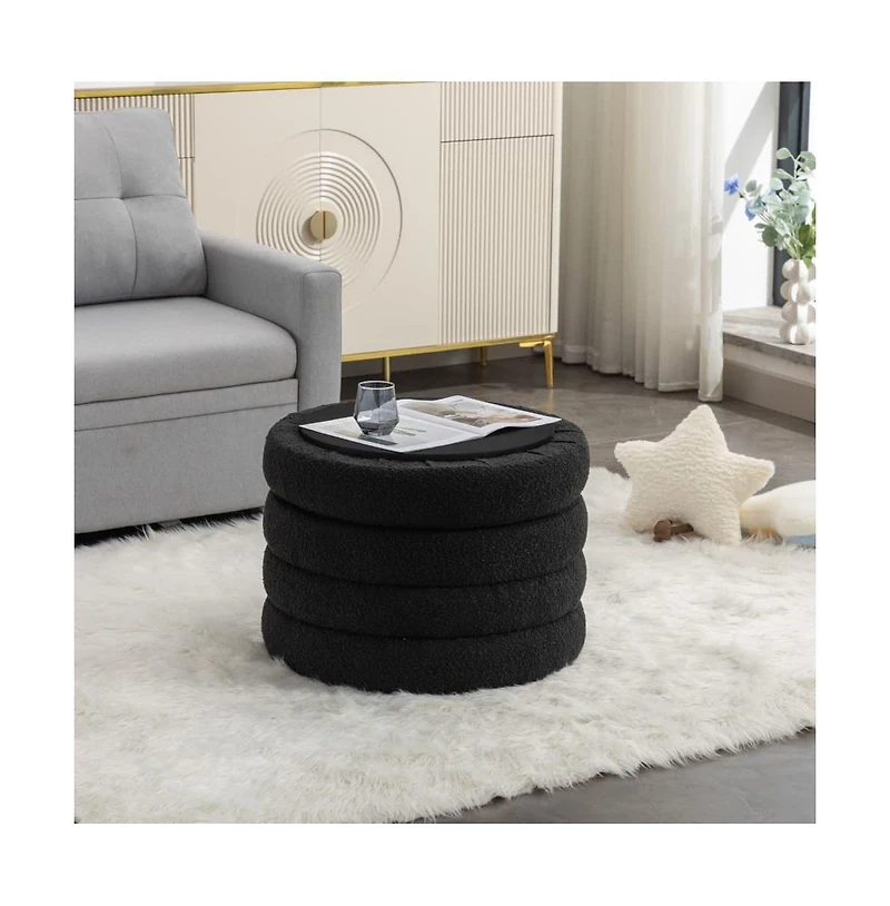 Boucle Storage Ottoman Footstool with Wooden Shelf for Living Room, Bedroom, Makeup Vanity, Entryway-The Pop Home
