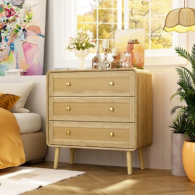 Nightstand with rattan wooden doors, Side table with three drawers and feet, wooden end table in wood colour, Bedside table for bedrooms, living rooms