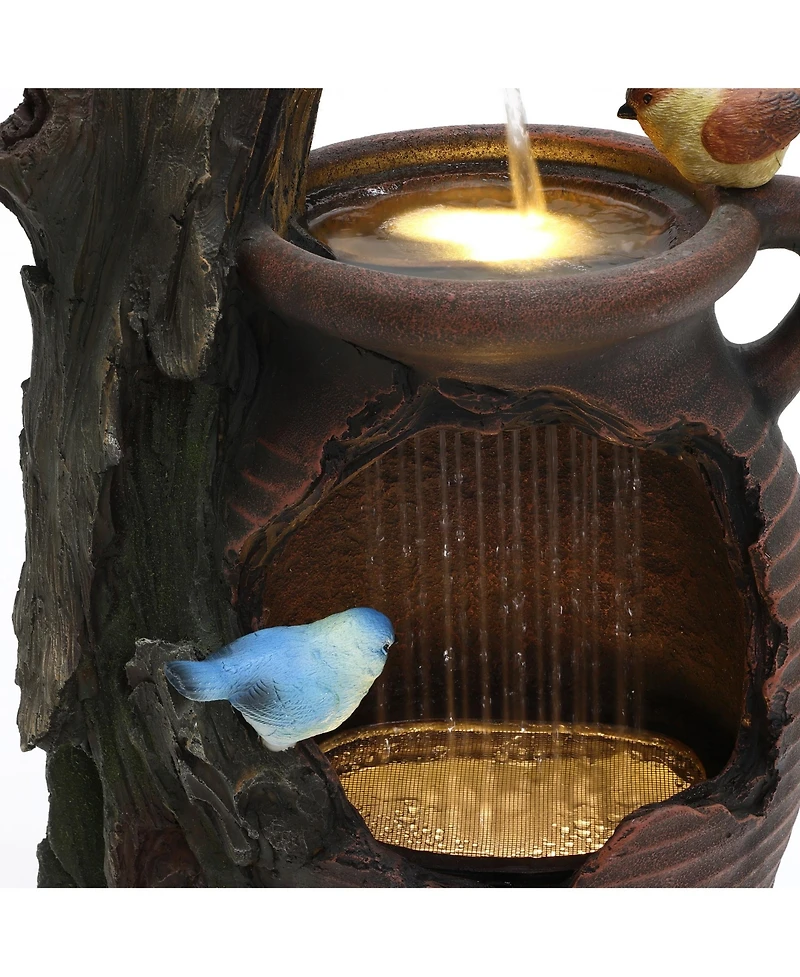 LuxenHome Rain Barrel with Tree and Birds 2.5-Feet Tall Outdoor Polyresin Fountains with Light