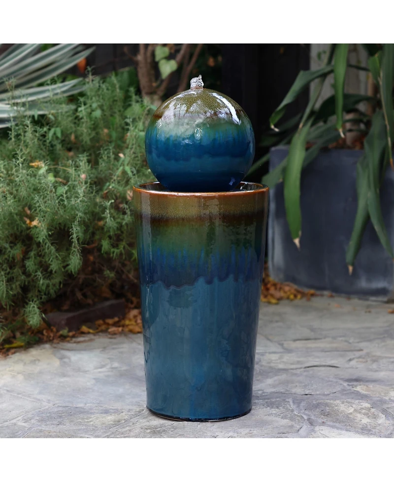 LuxenHome Glazed Blue and Brown Duo-Tone Sphere on Round Pillar Bubbler 30-Inch Tall Ceramic Fountain