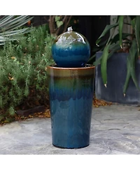 LuxenHome Glazed Blue and Brown Duo-Tone Sphere on Round Pillar Bubbler 30-Inch Tall Ceramic Fountain