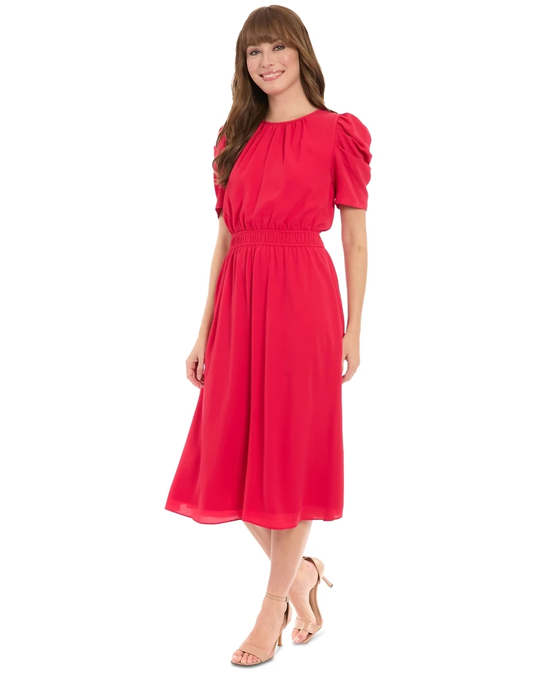 London Times Women's Shirred Jewel-Neck Midi Dress