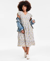 On 34th Plus Printed Flutter-Sleeve Smocked Midi Dress, Exclusively at Macy's