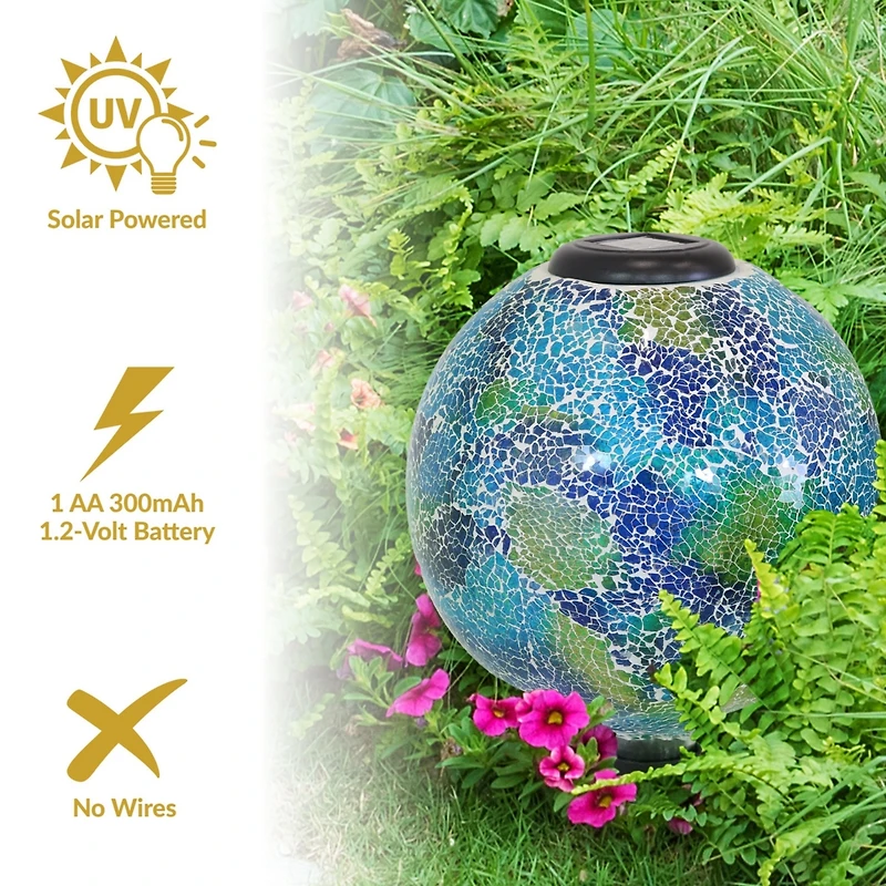 Sunnydaze Decor Glass Mosaic Garden Gazing Globe with Solar Light - 10 Blue