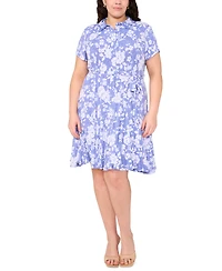 Msk Plus Printed Tie-Waist Short-Sleeve Shirtdress