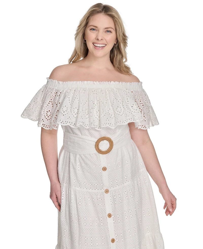 Eliza J Plus Eyelet Off-The-Shoulder Belted Midi Dress