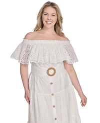 Eliza J Plus Eyelet Off-The-Shoulder Belted Midi Dress