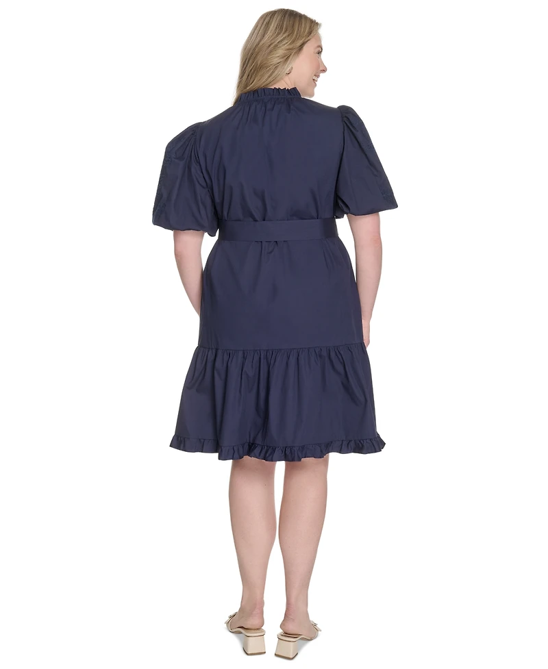 Vince Camuto Plus Cotton Puff-Sleeve Tie-Waist Dress