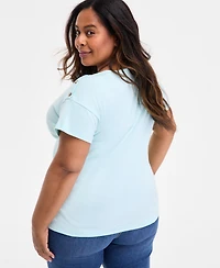 Style & Co Plus Crewneck Button-Trim-Shoulder Cotton Top, Exclusively at Macy's