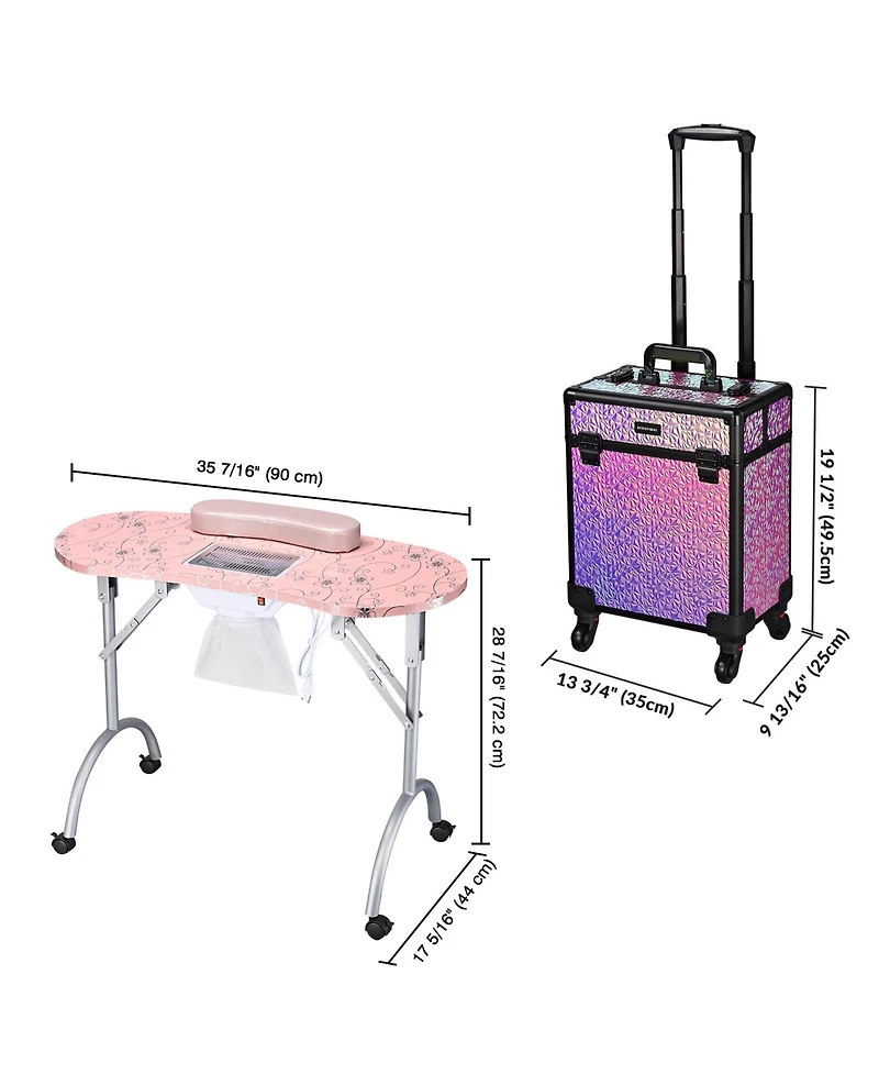 Byootique Manicure Table Nail Desk & Rolling Makeup Train Case Kit Mermaid Pink