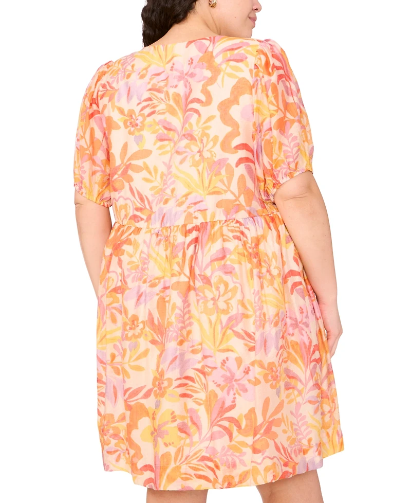 Msk Plus Printed Tie-Neck Short-Sleeve Dress