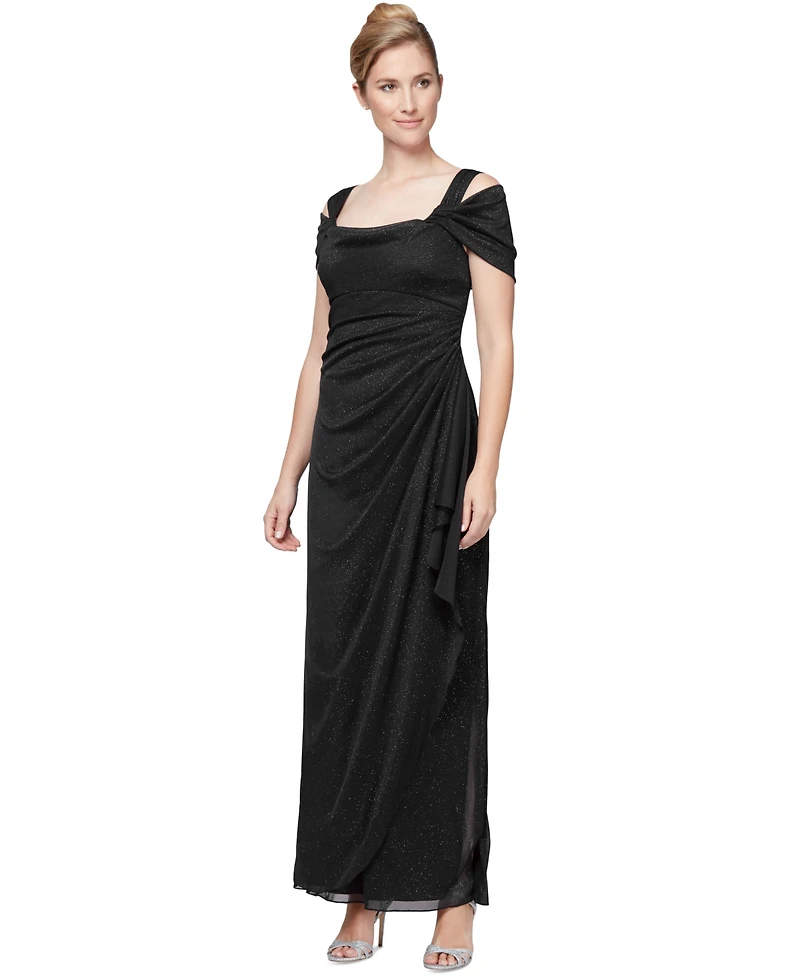 Alex Evenings Petite Cold-Shoulder Draped Metallic Gown
