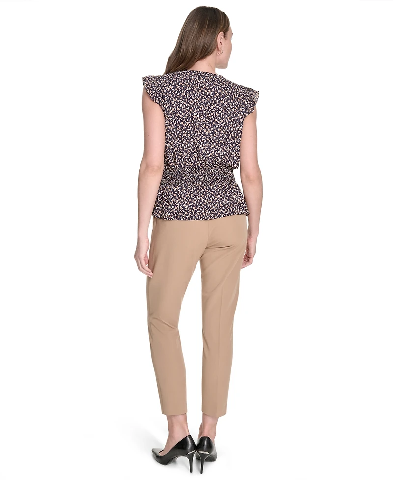 Tommy Hilfiger Women's Printed Smocked-Waist Flutter-Sleeve Blouse
