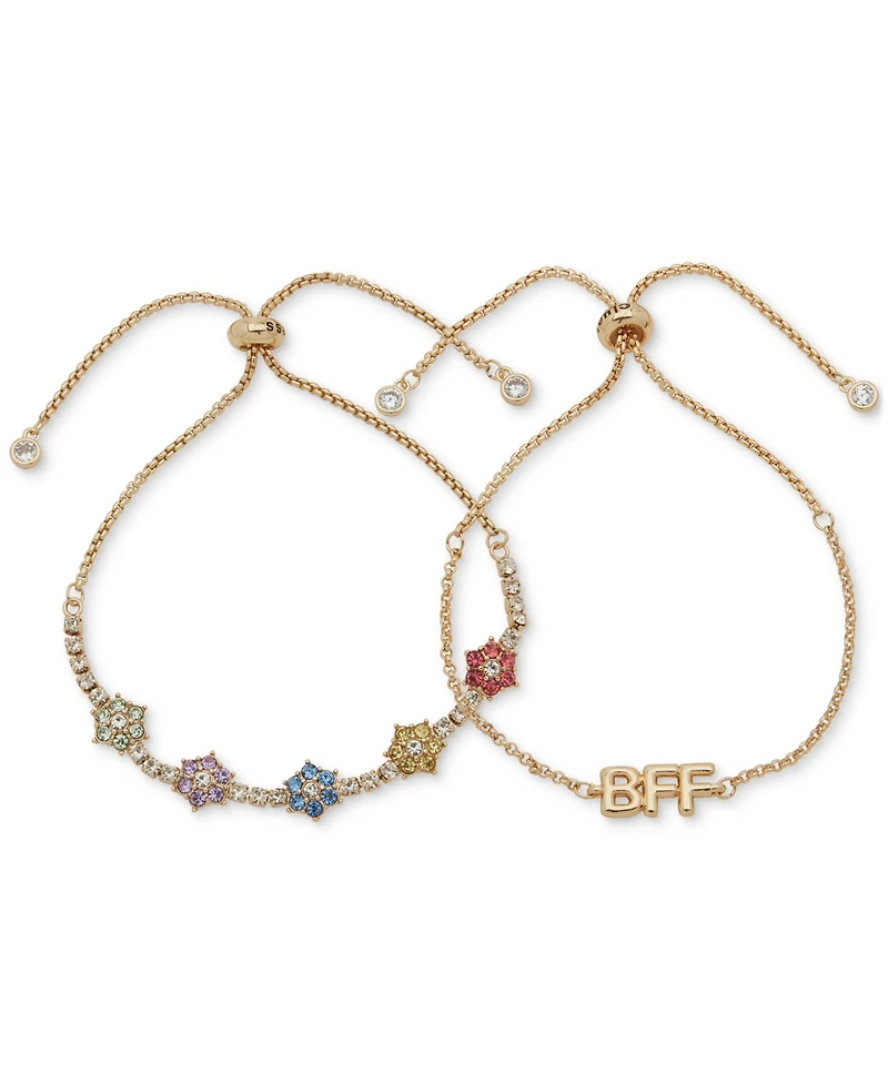 Clueless Gold-Tone 2-Pc. Set Bff & Multicolor Crystal Flower Slider Bracelets
