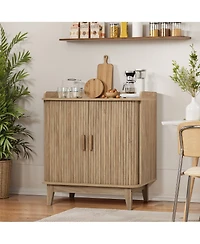 LuxenHome Mid-Century Modern Tambour-Style 2-Door 31.5-Inch Wide Cabinet with Tray Top, Oak