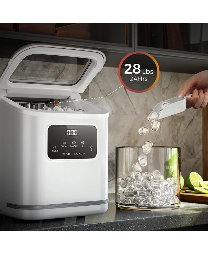 Zafro Countertop Ice Maker produces lbs of ice daily, featuring an Led display, timer, self-cleaning function, and a portable handle. Its compact desi