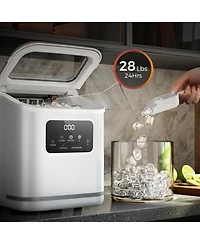 Zafro Countertop Ice Maker produces lbs of ice daily, featuring an Led display, timer, self-cleaning function, and a portable handle. Its compact desi