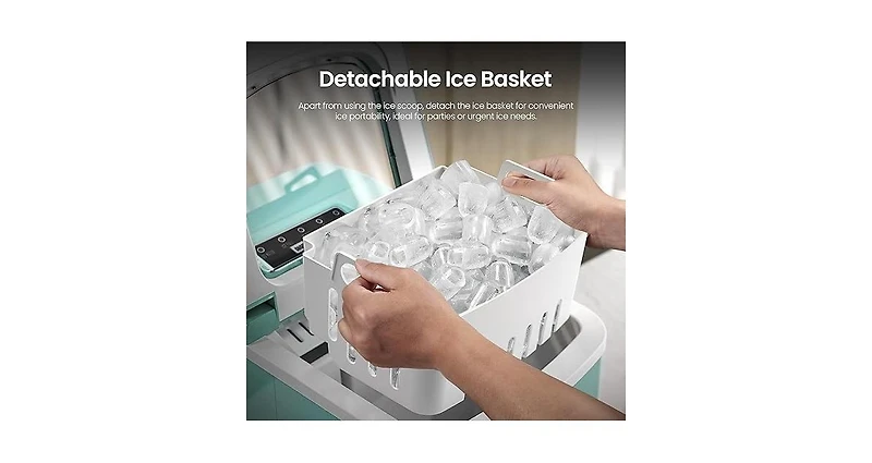 Zafro portable ice maker can make 9 bullet-shaped ice cubes in just 6-8 minutes and can make up to 26 pounds of ice cubes per day. It has two ice cube