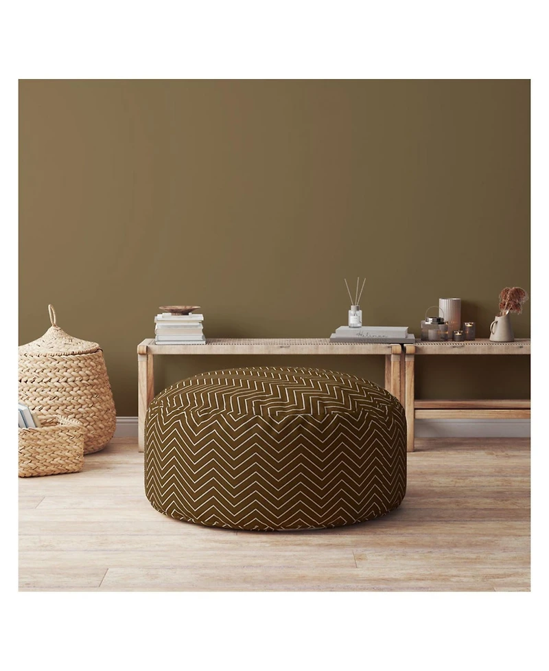 24" Brown Cotton Round Chevron Pouf Ottoman
