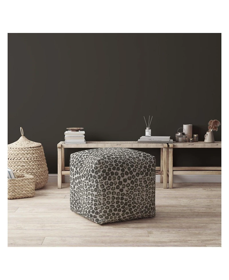 17" Beige Cotton Floral Pouf Ottoman