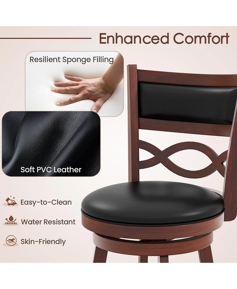 Bar Stools Set of 2 with Rubber Wood Frame and Faux Leather Upholstered Seat-24 Inch