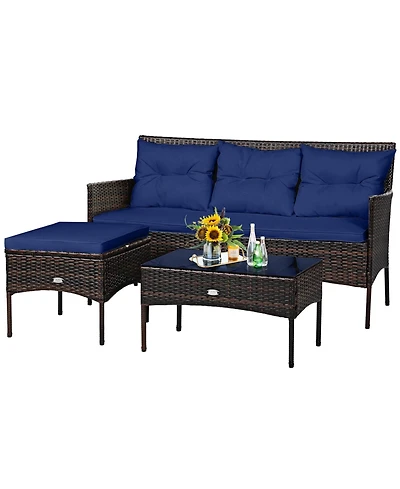 Gymax Set of 3 3-Seat Sofa Cushioned Table Rattan Furniture Garden Patio