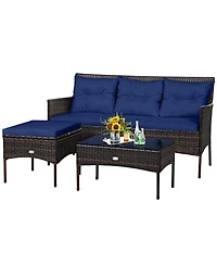 Gymax Set of 3 3-Seat Sofa Cushioned Table Rattan Furniture Garden Patio