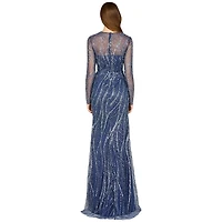 Lara Women's Long Sleeve Sheath Gown with Silver Beads