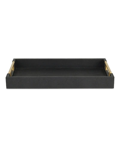 Wood and Vinyl Faux Shagreen Serving Tray with Handles for Dining and Decor