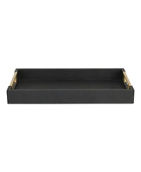 Wood and Vinyl Faux Shagreen Serving Tray with Handles for Dining and Decor