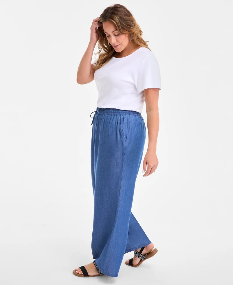 Style & Co Plus Chambray Drawstring High-Rise Wide-Leg Pants, Exclusively at Macy's