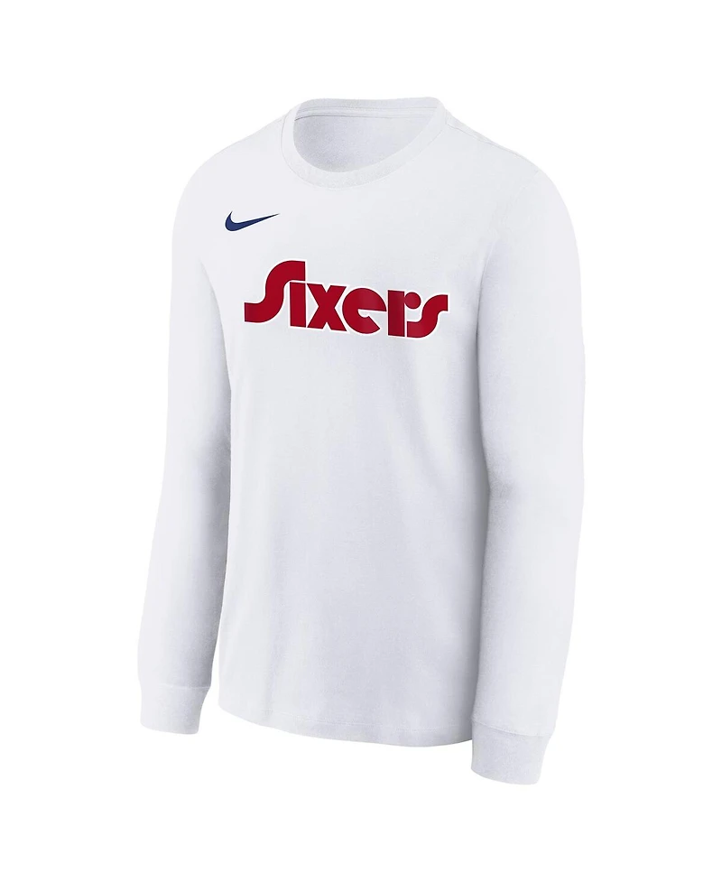 Nike Big Boys and Girls White Philadelphia 76ers 2024/25 City Edition Wordmark Performance Long Sleeve T-Shirt